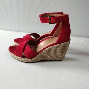 Vionic Marina Red Suede Tan Wedge Espadrille Sandals 7 Chic Preppy Vacation